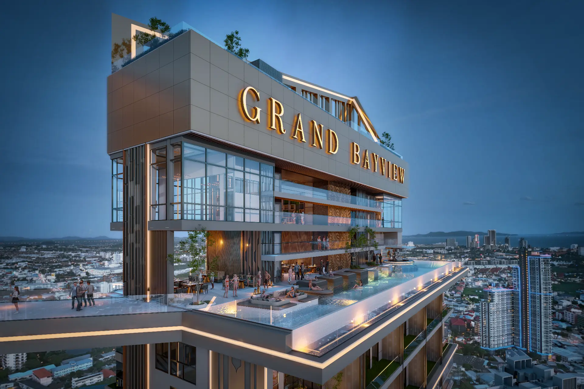 Visualization of the illuminated Grand BayView rooftop crown and infinity pool at dusk above Pattaya