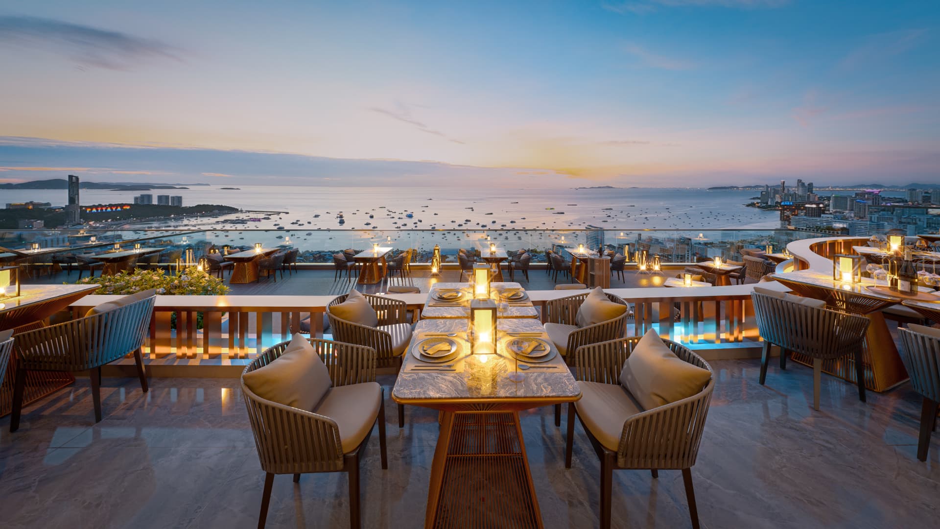 Rooftop dining terrace visualization with sunset views over Pattaya Bay