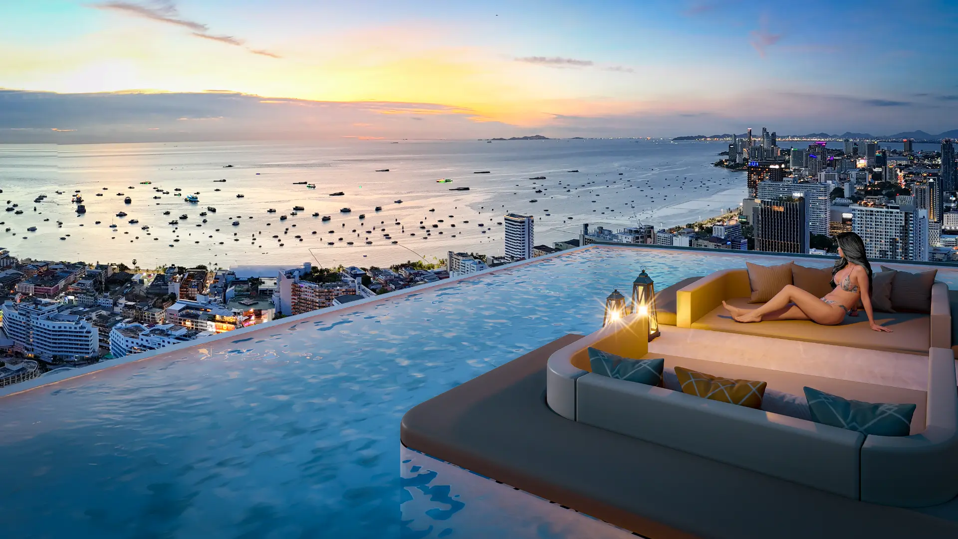 Rooftop infinity pool visualization overlooking Pattaya Bay at sunset