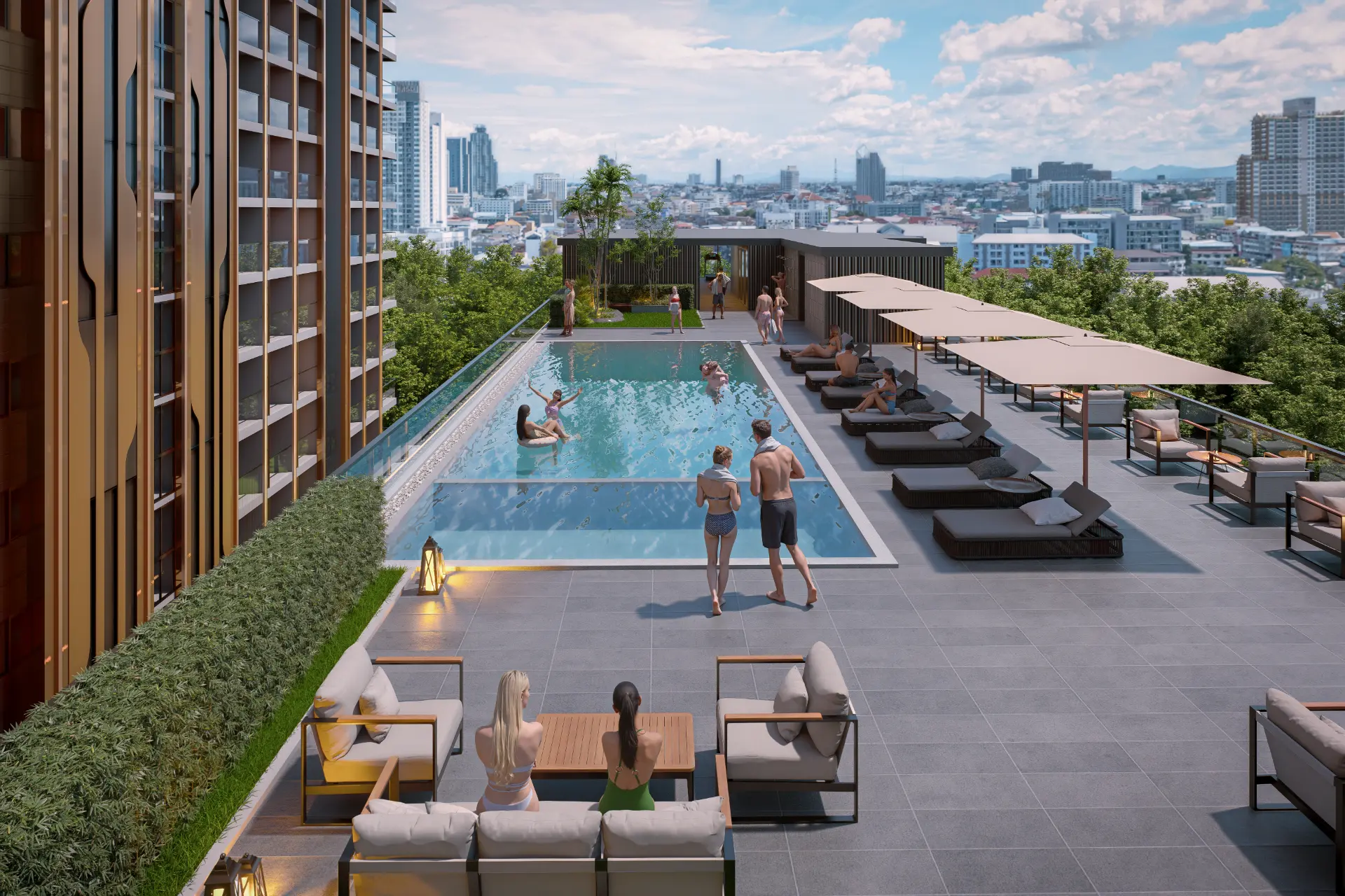 Daytime visualization of the Grand BayView pool deck with sun loungers and cabanas