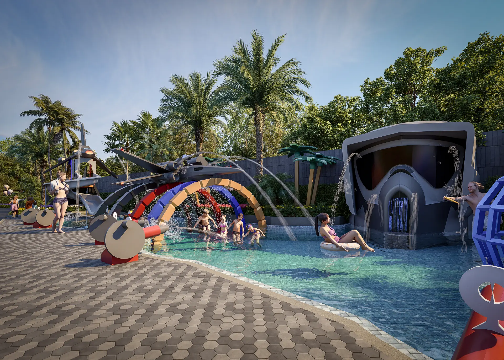 Visualization of the Grand BayView children's water play pool with fountains and slides