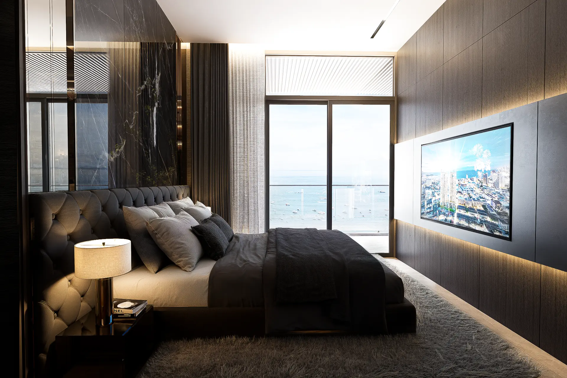 Interior visualization of a Grand BayView three-bedroom residence bedroom with sea view balcony
